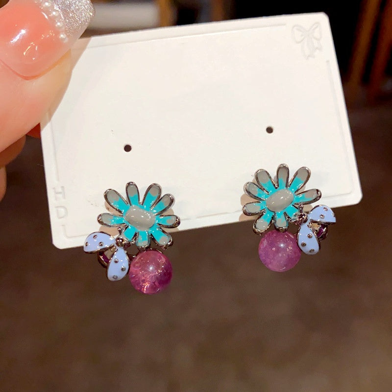 14K Gold Plated Bee Petal Flower Purple Bead Earrings