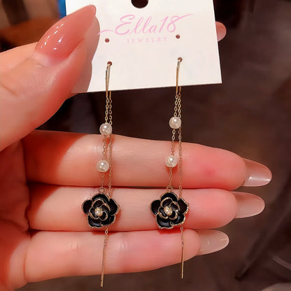 14K Gold Plated Brown Camellia Threader Tassel Earrings