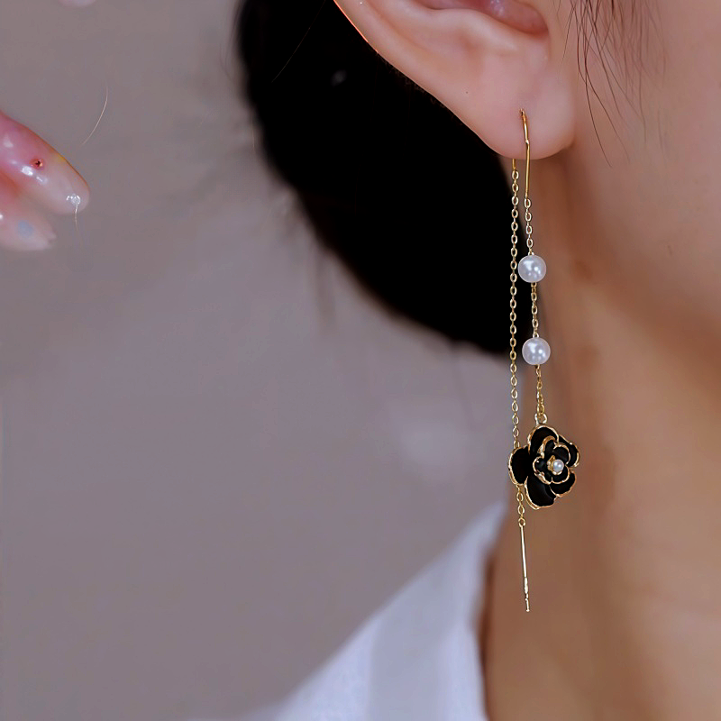 14K Gold Plated Brown Camellia Threader Tassel Earrings