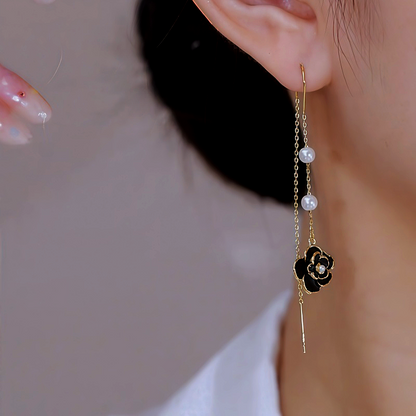14K Gold Plated Brown Camellia Threader Tassel Earrings