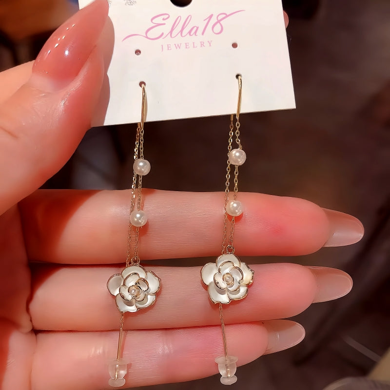 14K Gold Plated Brown Camellia Threader Tassel Earrings