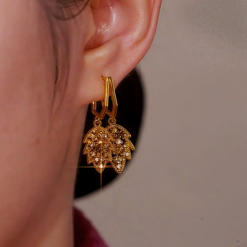 14K Gold Plated Brown Diamond Leaf Earrings