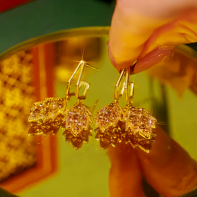 14K Gold Plated Brown Diamond Leaf Earrings