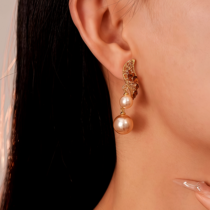 14K Gold Plated Brown Diamond Pearl Earrings