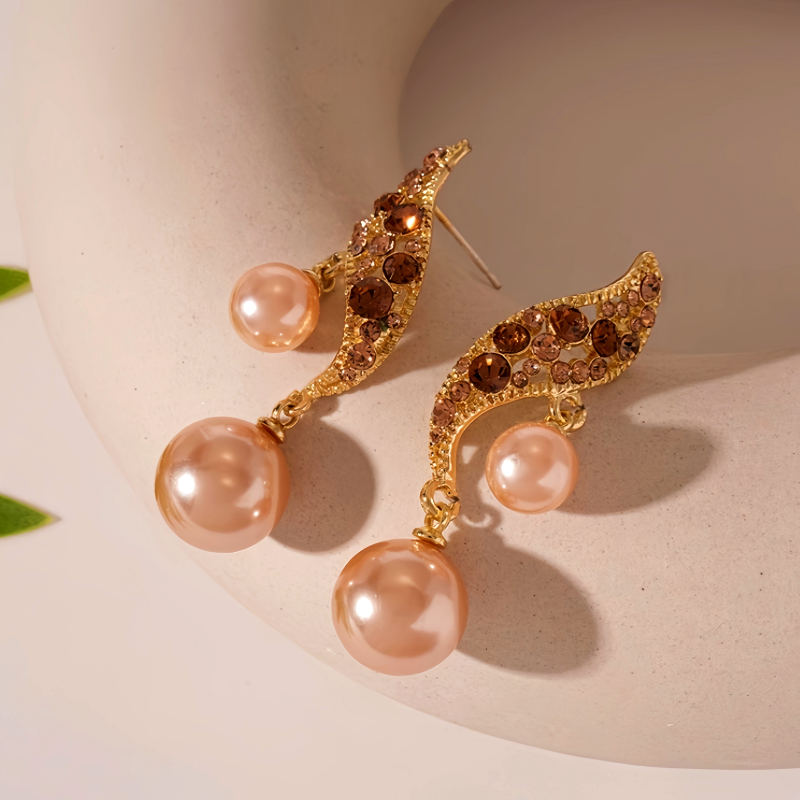 14K Gold Plated Brown Diamond Pearl Earrings