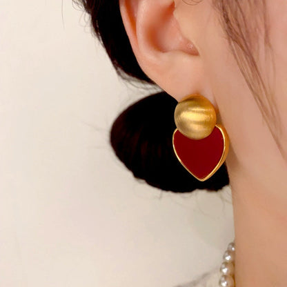 14K Gold Plated Brushed Red Plate Love Heart Earrings