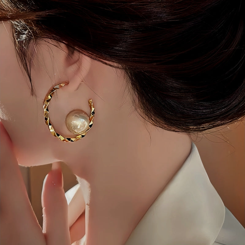 14K Gold Plated C-Shaped Twisted Pearl Earrings