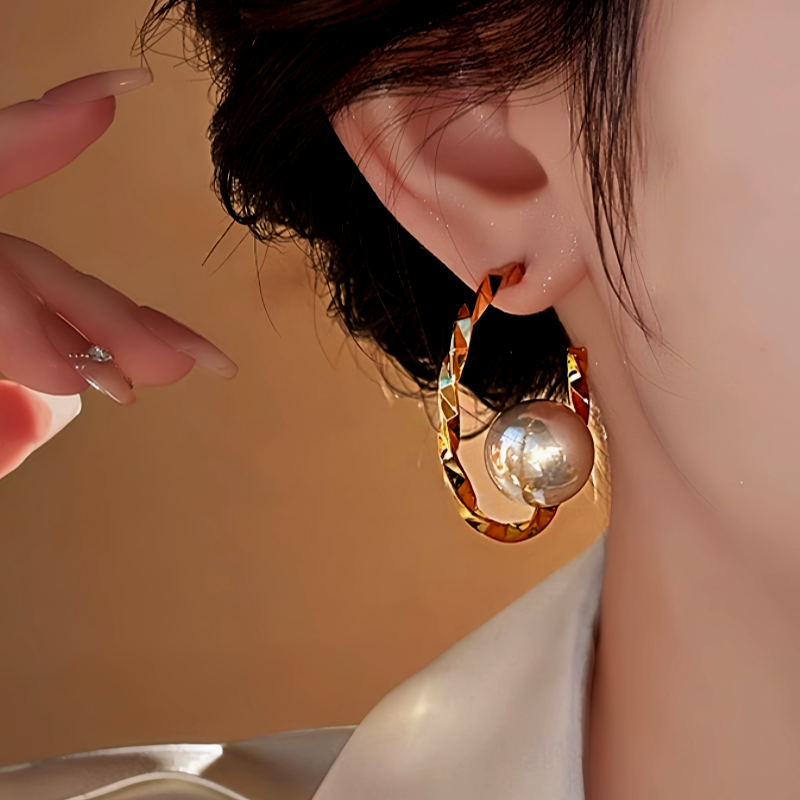 14K Gold Plated C-Shaped Twisted Pearl Earrings