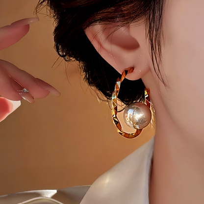 14K Gold Plated C-Shaped Twisted Pearl Earrings