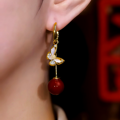 14K Gold Plated Cat's Eye Stone Diamond Butterfly Pearl Earrings