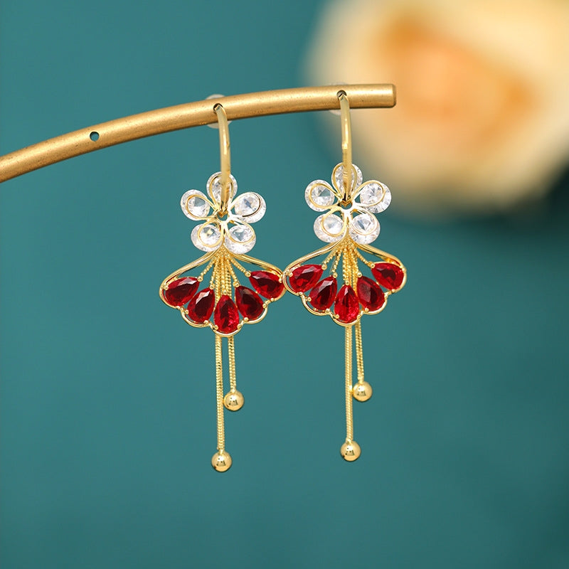 14K Gold Plated Diamond-Studded Ginkgo Flower Earrings