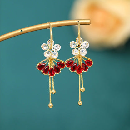14K Gold Plated Diamond-Studded Ginkgo Flower Earrings