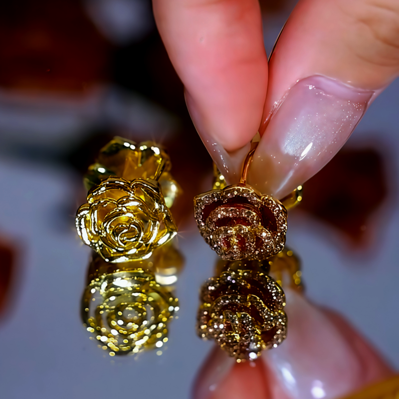 14K Gold Plated Diamond Camellia Earrings