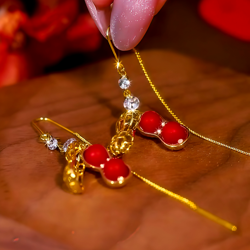14K Gold Plated Diamond Red Pearl Peanut Threader Earrings