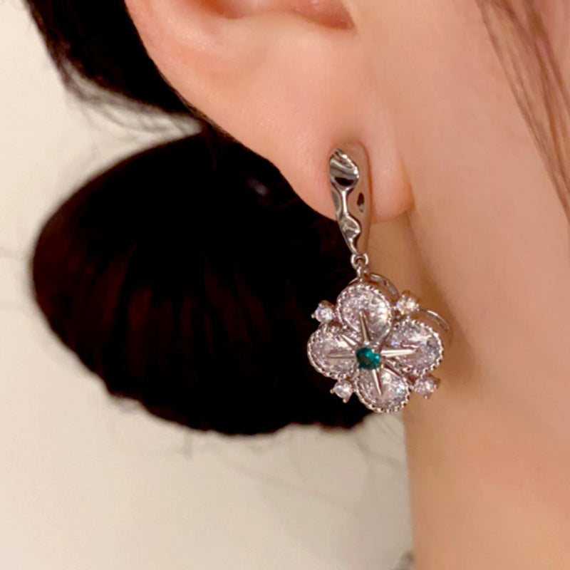 14K Gold Plated Diamond Star Four-Leaf Flower Earrings