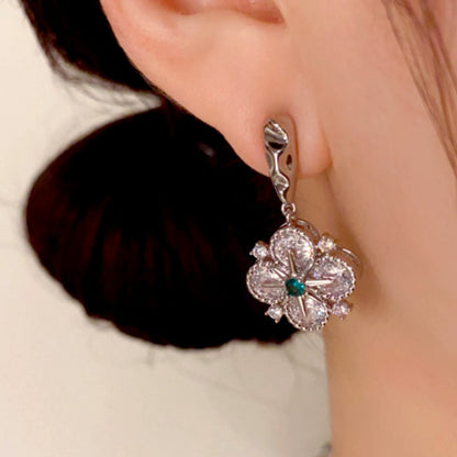14K Gold Plated Diamond Star Four-Leaf Flower Earrings