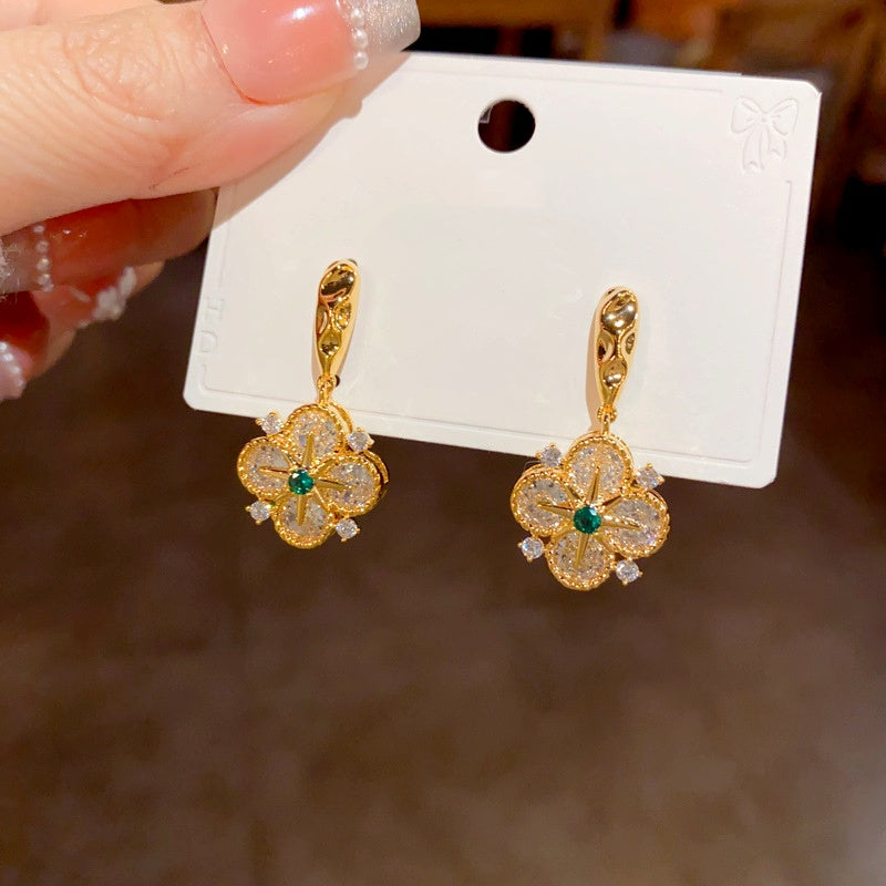 14K Gold Plated Diamond Star Four-Leaf Flower Earrings