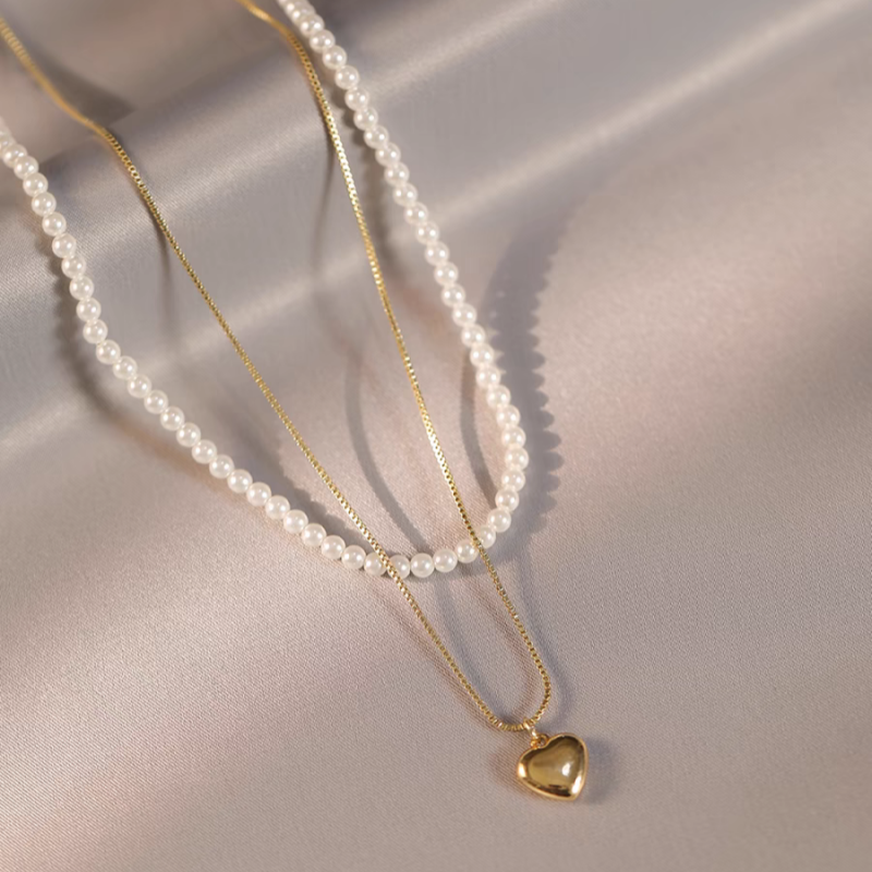 14K Gold Plated Double Layer Heart And Pearl Necklaces