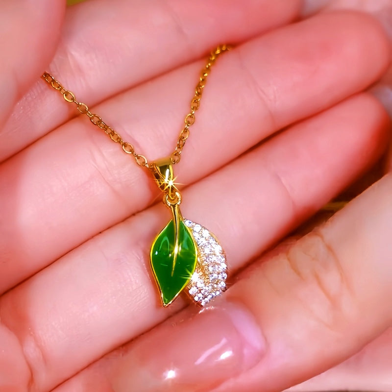 14K Gold Plated Elegant Green Double-Layer Leaf Necklaces