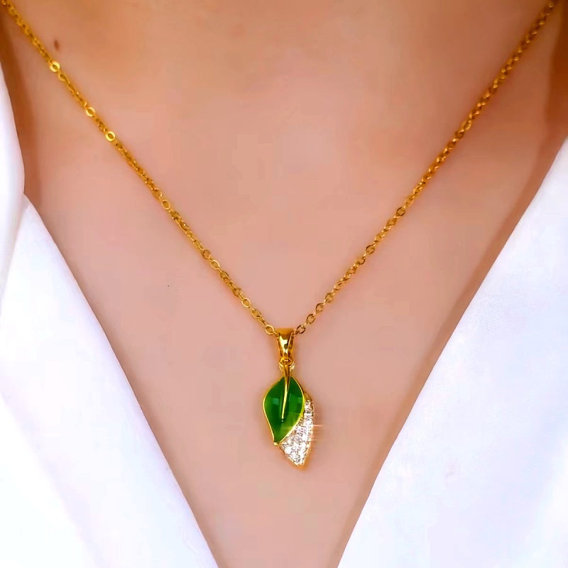 14K Gold Plated Elegant Green Double-Layer Leaf Necklaces