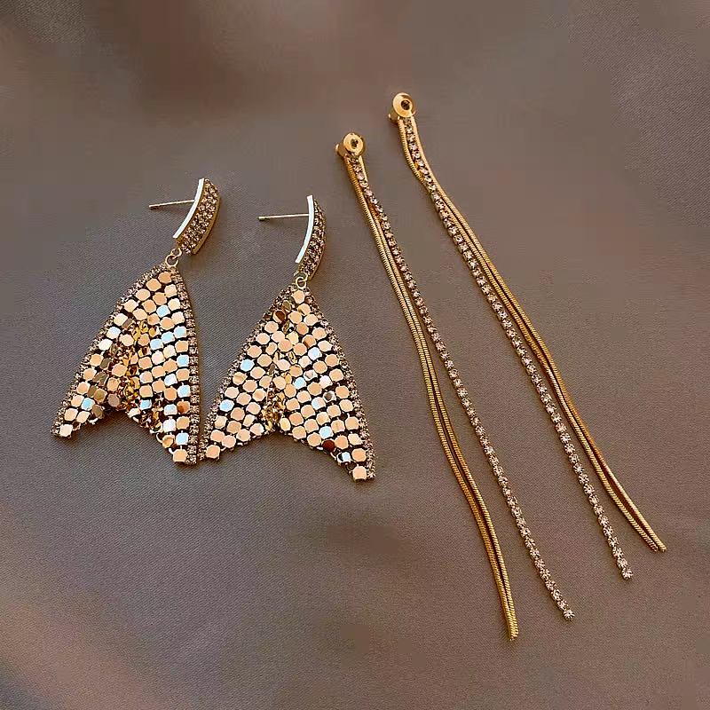 14K Gold Plated Geometric Diamond Tassel Earrings