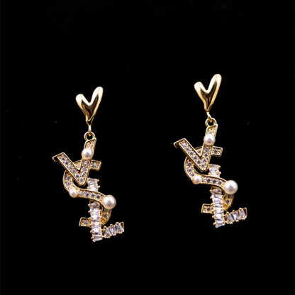 14K Gold Plated Heart Zircon Letter Pearl Earrings