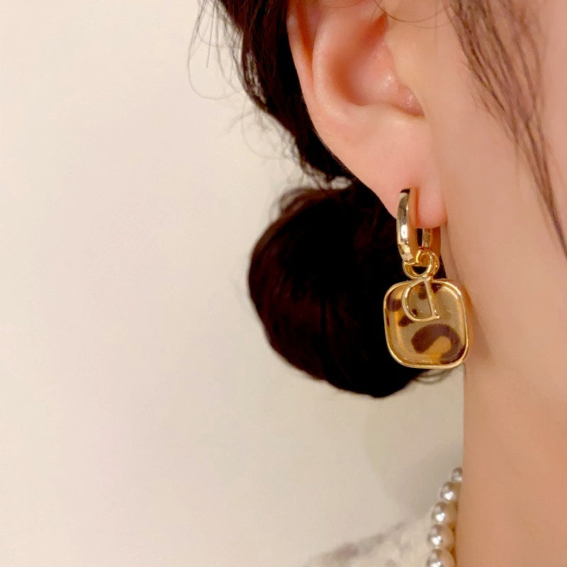 14K Gold Plated Leopard Print D Letter Earrings