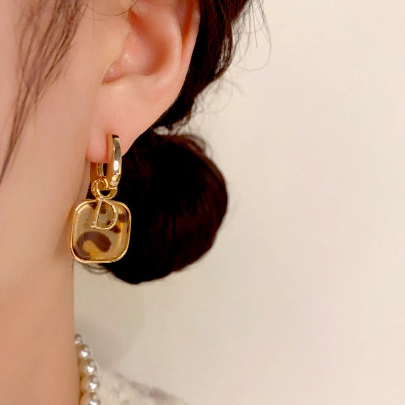 14K Gold Plated Leopard Print D Letter Earrings