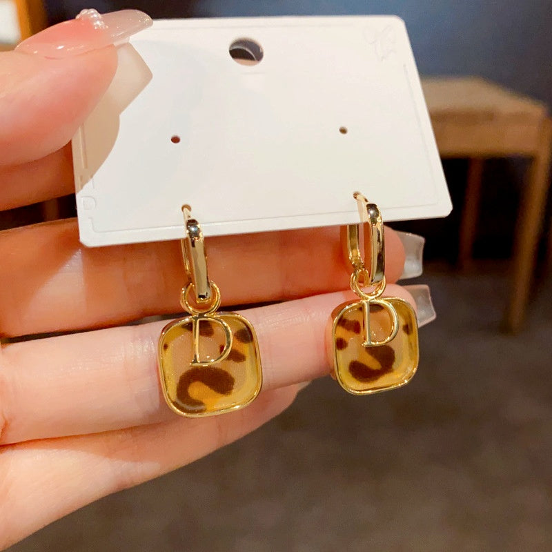 14K Gold Plated Leopard Print D Letter Earrings