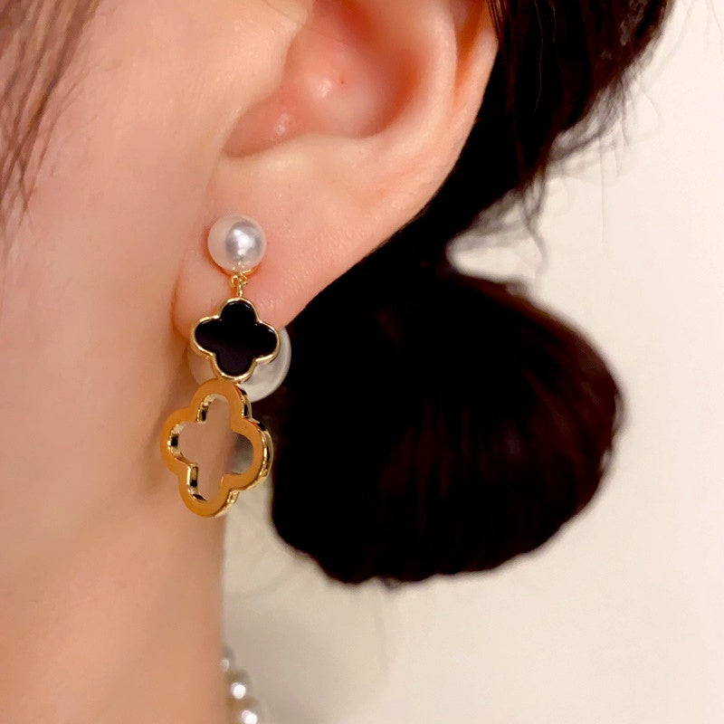 14K Gold Plated Pearl Four-Leaf Flower Front And Back Earrings