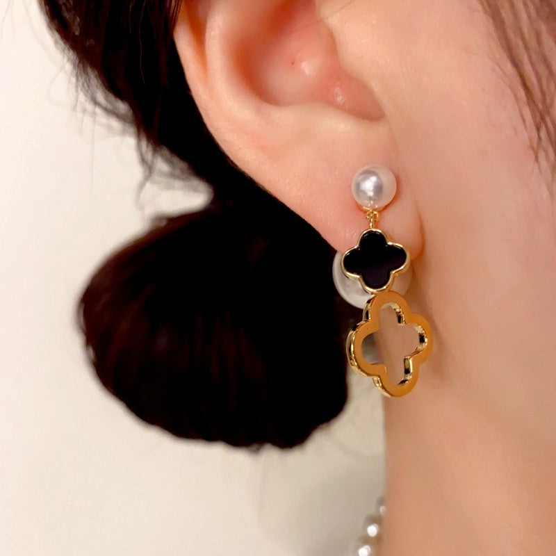 14K Gold Plated Pearl Four-Leaf Flower Front And Back Earrings