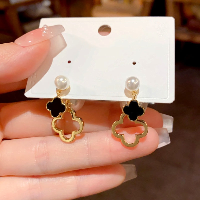 14K Gold Plated Pearl Four-Leaf Flower Front And Back Earrings