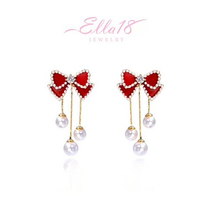 14K Gold Plated Red Bow Pearl Tassel Earrings