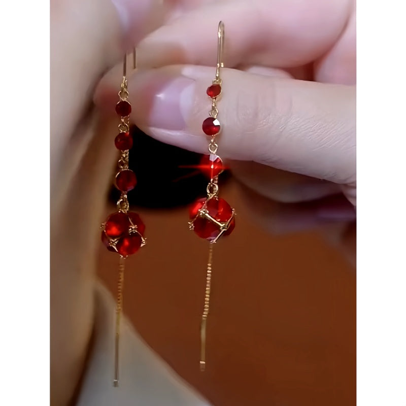 14K Gold Plated Red Crystal Tassel Threader Earrings