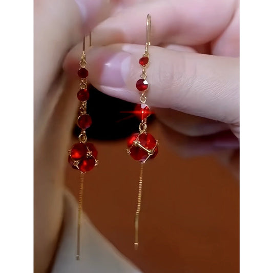 14K Gold Plated Red Crystal Tassel Threader Earrings