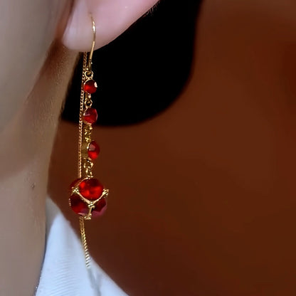 14K Gold Plated Red Crystal Tassel Threader Earrings