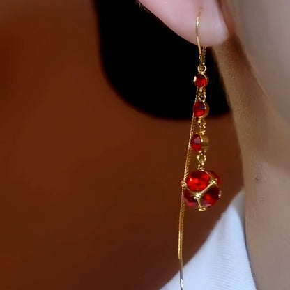 14K Gold Plated Red Crystal Tassel Threader Earrings