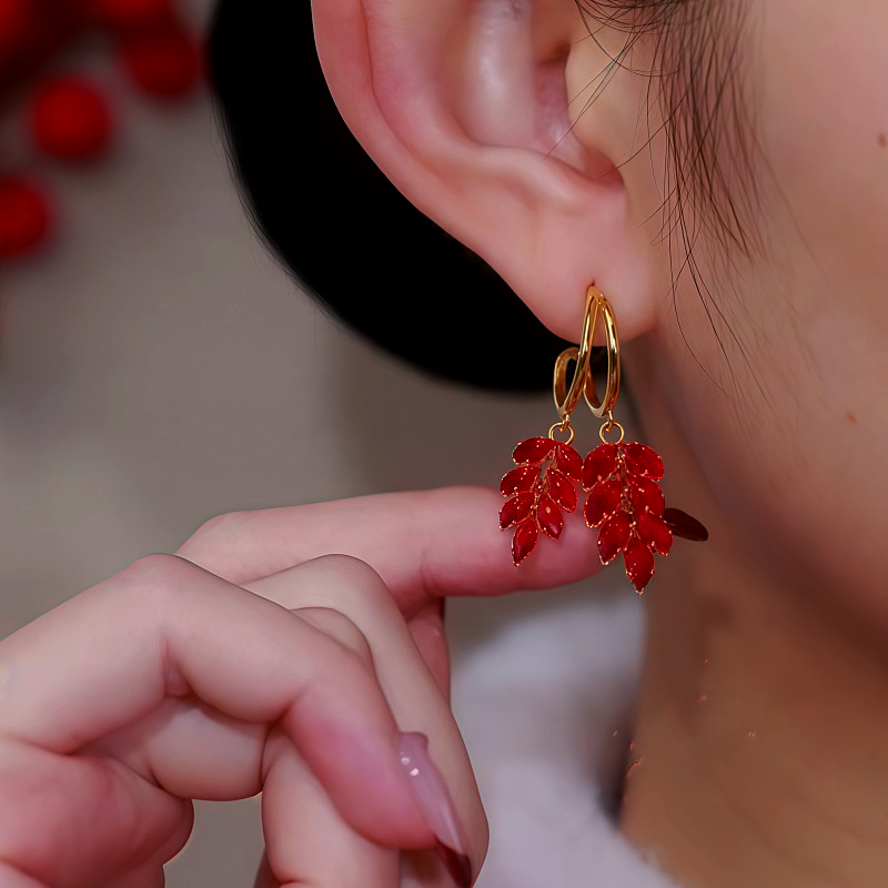 14K Gold Plated Red Zircon Wheat Earrings