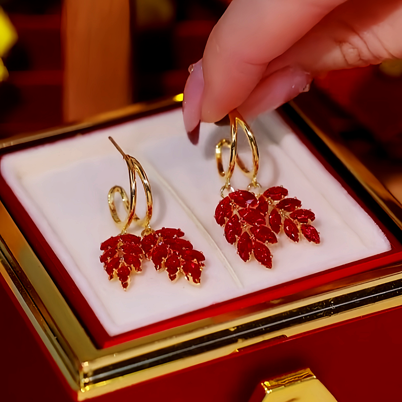 14K Gold Plated Red Zircon Wheat Earrings