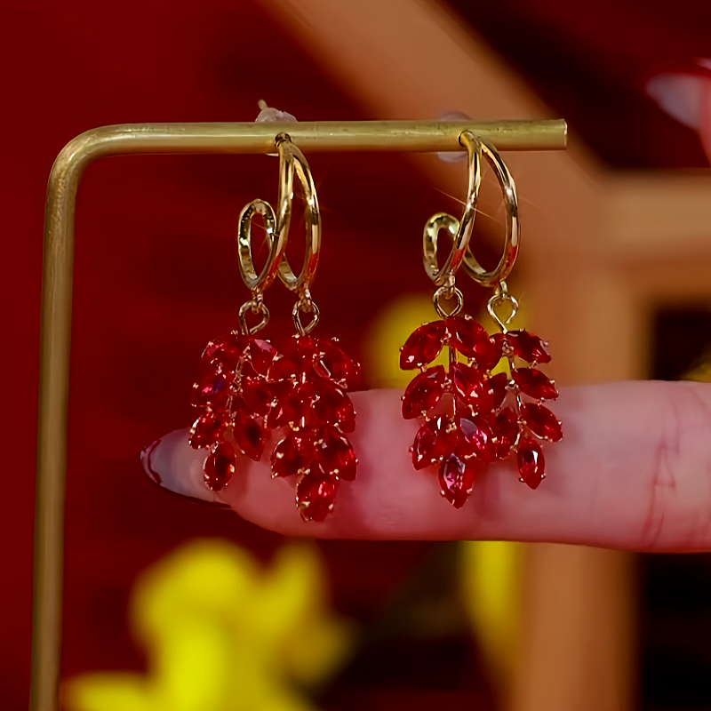 14K Gold Plated Red Zircon Wheat Earrings