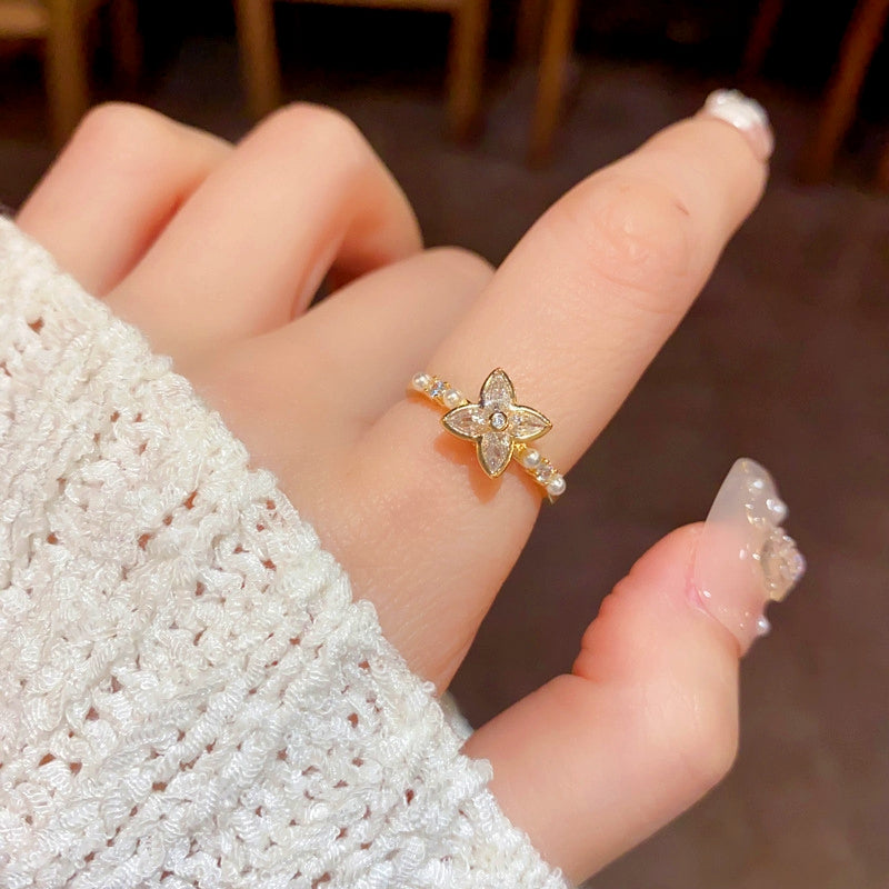 14K Gold Plated Rotatable Adjustable Zircon Four-Leaf Flower Pearl Rings