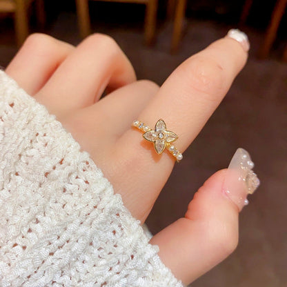 14K Gold Plated Rotatable Adjustable Zircon Four-Leaf Flower Pearl Rings