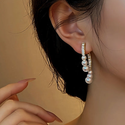 14K Gold Plated Zircon Arc-Shaped Pearl Earrings