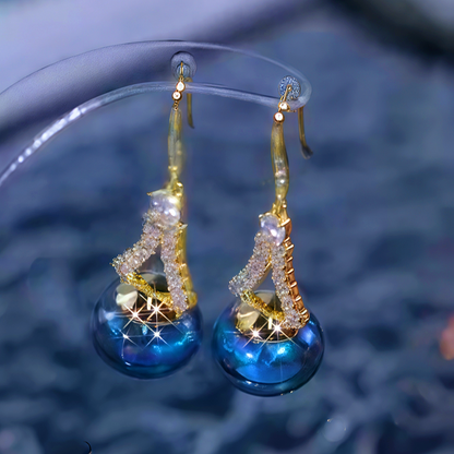 14K Gold Plated Zircon Blue Pearl Ear Hook Earrings