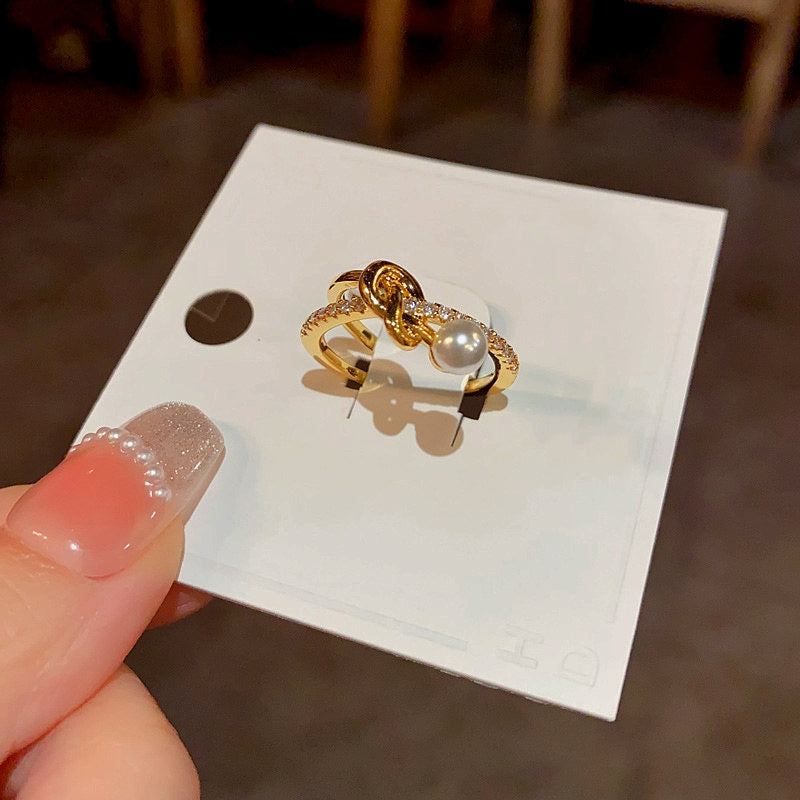 14K Gold Plated Adjustable Zircon Cross Pearl Open Rings