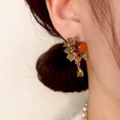 14K Gold Plated Zircon Flower Bead Tassel Earrings