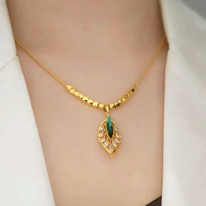 14K Gold Plated Zircon Green Leaf Necklaces