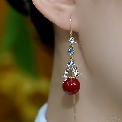 14K Gold Plated Zircon Red Pearl Threader Earrings