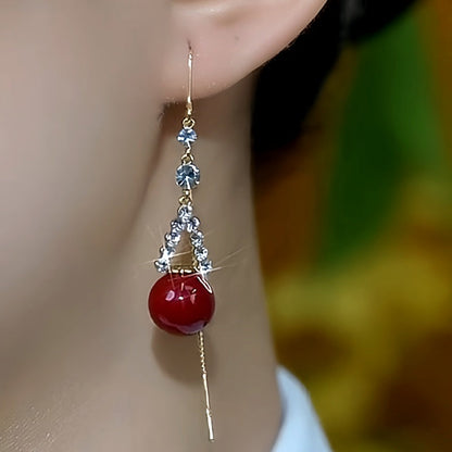 14K Gold Plated Zircon Red Pearl Threader Earrings