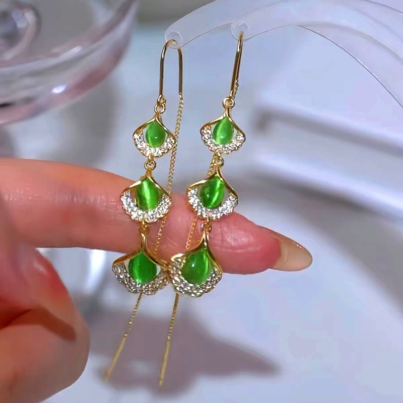 14k Gold-Plated Cat's Eye Leaf Threader Earrings